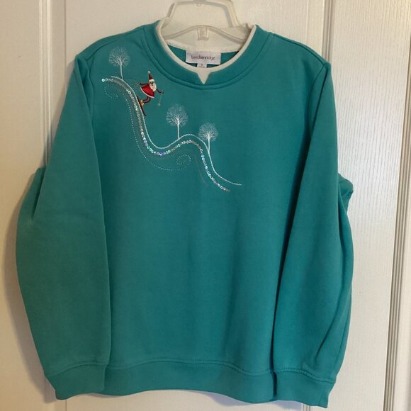 Breckenridge Women's Christmas Xmas  Teal Blue Sweatshirt Santa Claus Ski… - Picture 1 of 5
